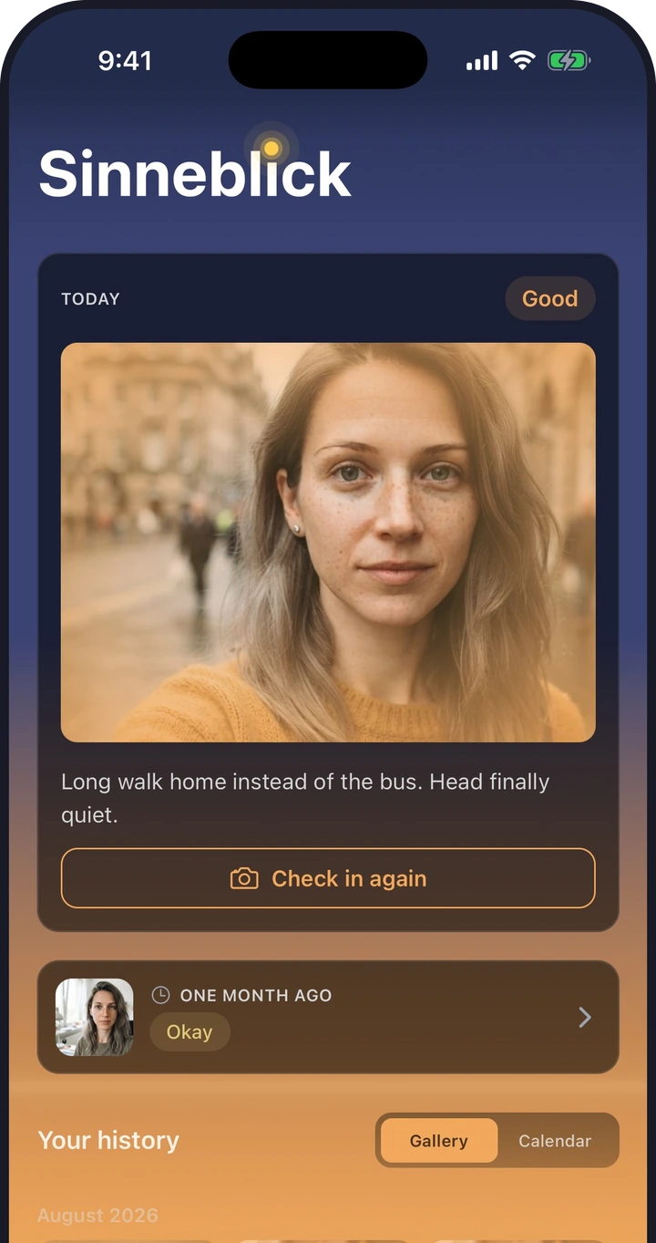 Sinneblick open on an iPhone, showing today's selfie with the mood it was given and the days before it.